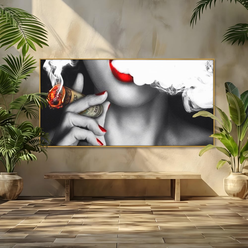 Tablou canvas cu tablou canvas cu buze rosii si tigara de bani, in rama de aluminiu auriu